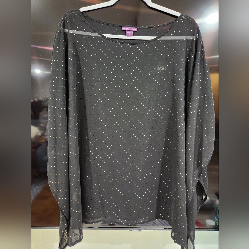 Beverly Drive womens (2x)  Poncho Style Blouse, Sheer Black with Gold Dots